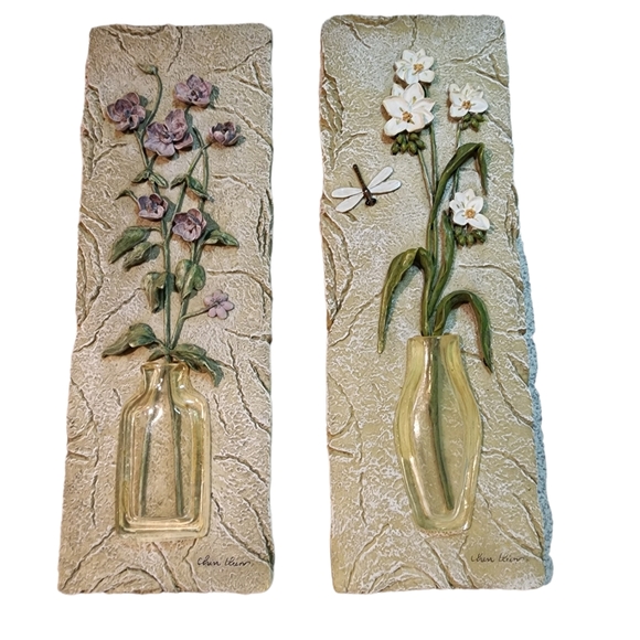 Rare Find Signed Vintage Cheri Blum 3D Resin Wall Art Plaques Flowers in Vases - Picture 1 of 6